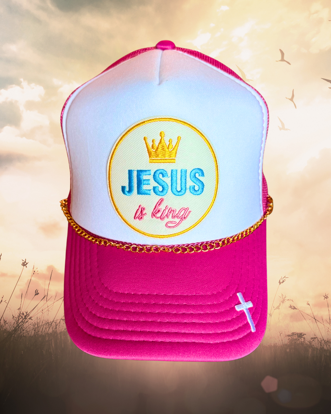 “Jesus Is King” Trucker Hat Pink & White