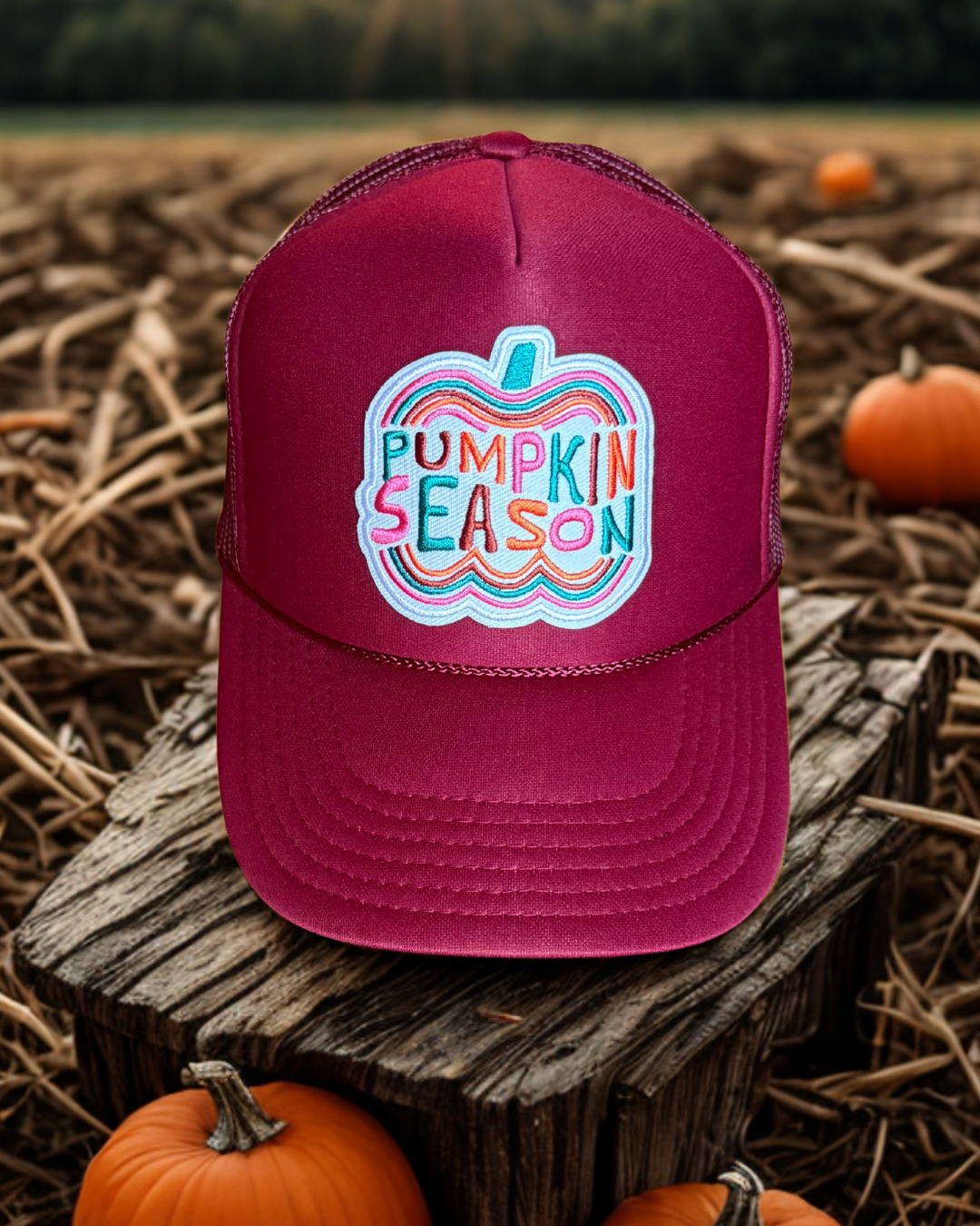 “Pumpkin Season” Vibes Trucker Hat Burgundy Maroon