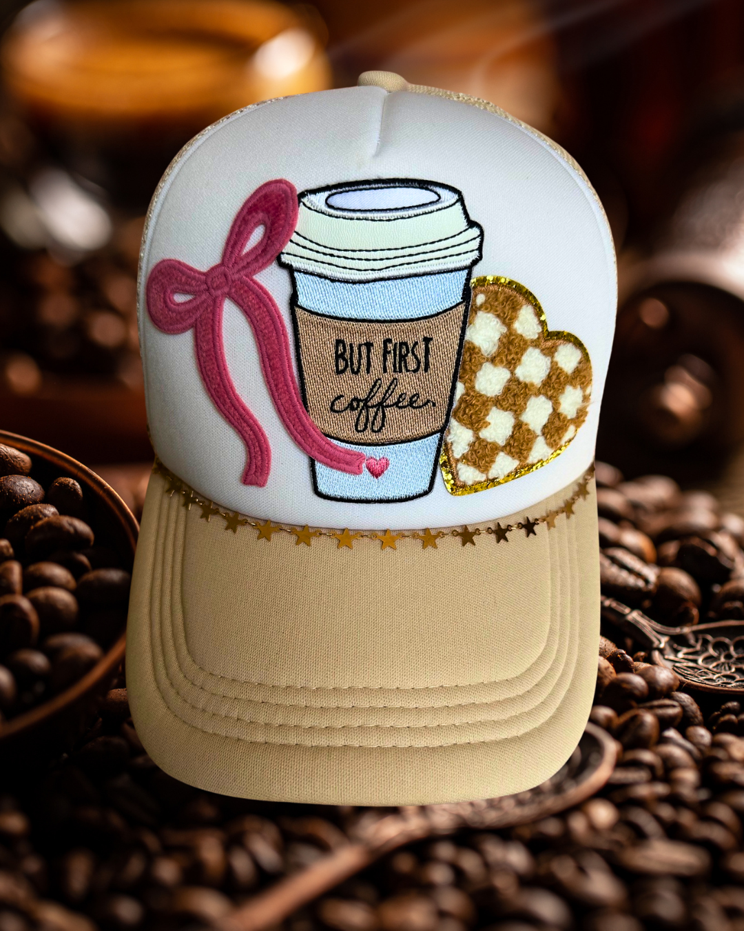 “But First, Coffee” Trucker Hat- Tan & White