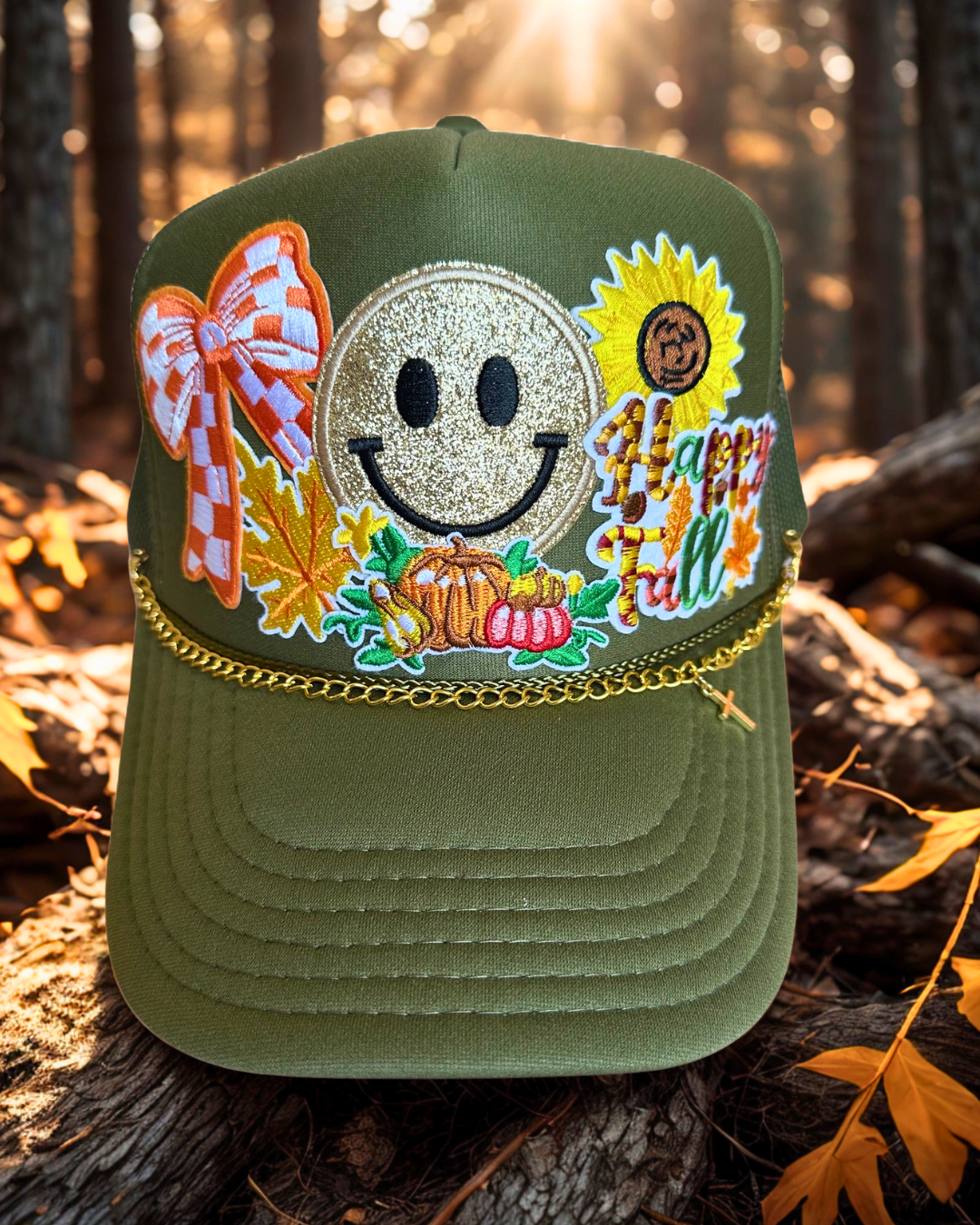 "Happy Fall" Trucker Hat Olive Green